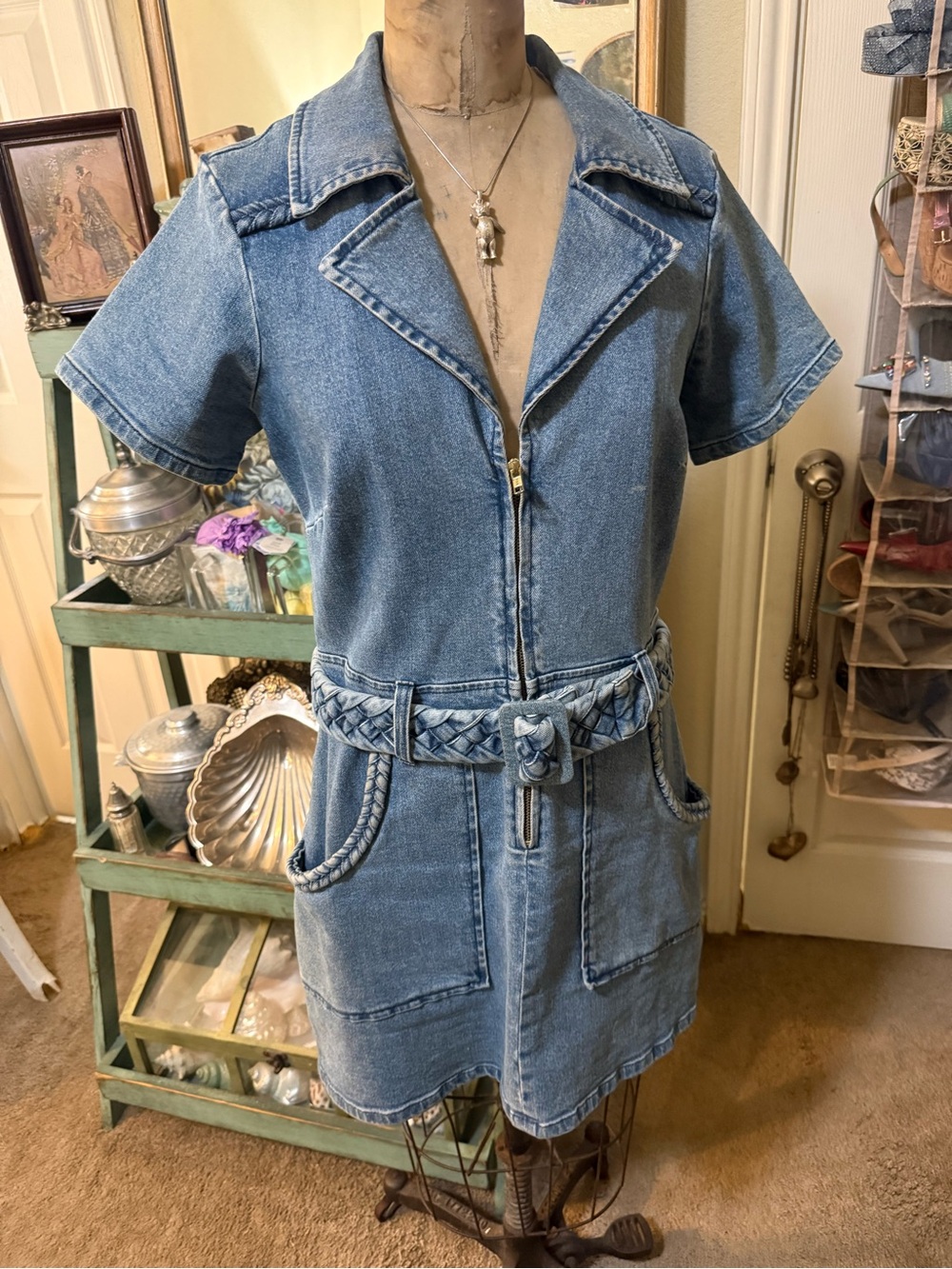 Show Me Your MuMu Light Blue Denim Zip-Front Mini Dress with Braided Belt